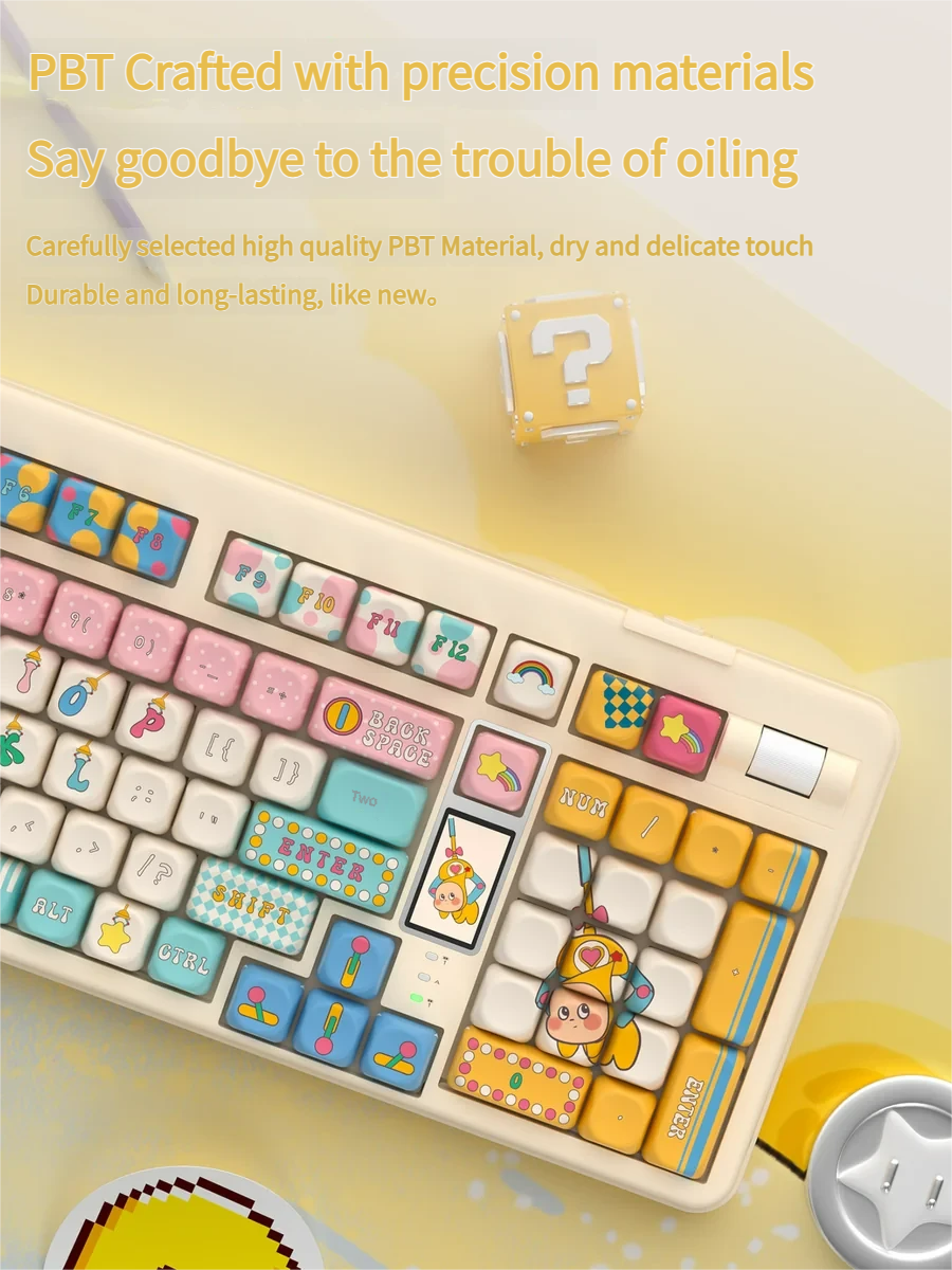 Detailed view of the whimsical claw machine keycap set, highlighting the tiny claw mechanism and the array of playful, miniature prizes from a unique perspective view.