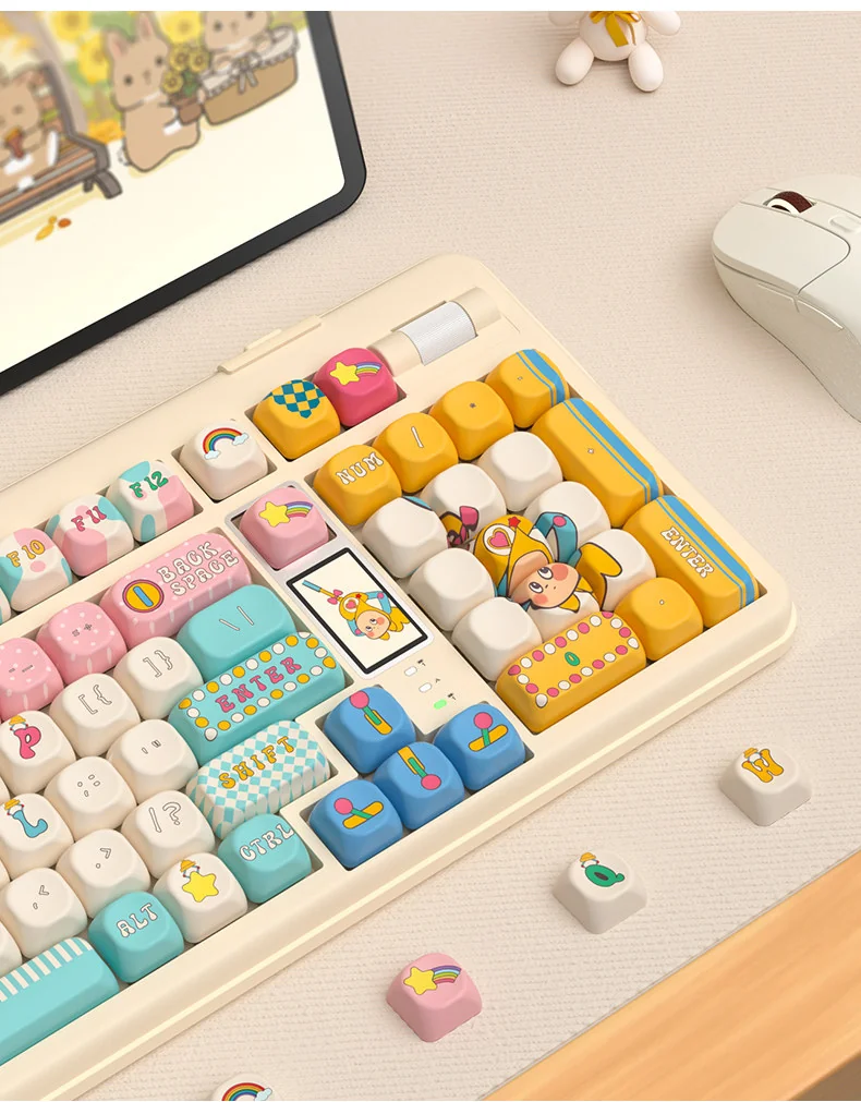 Detailed view of the whimsical claw machine keycap set, highlighting the tiny claw mechanism and the array of playful, miniature prizes from a unique perspective view.