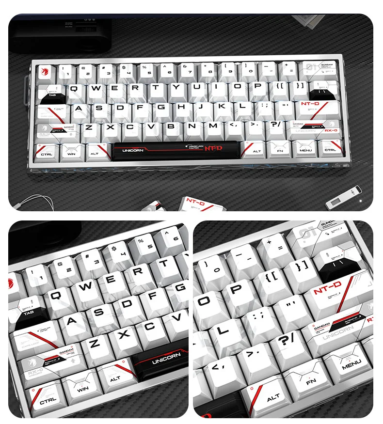 Close-up views of the shimmering pearlescent unicorn PBT keycaps set, revealing their iridescent fantasy colors, mystical unicorn design, and premium design.