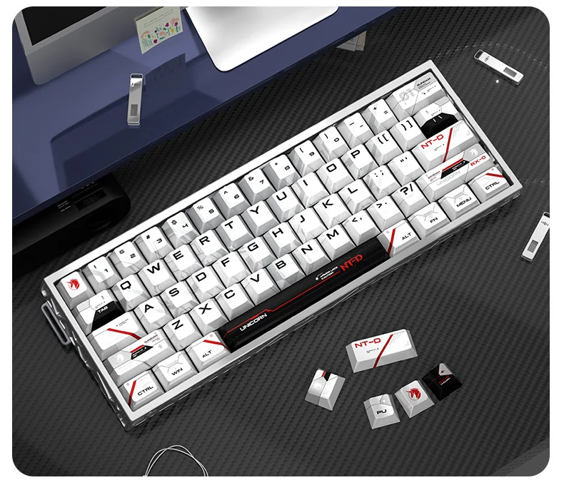 Close-up of Shimmering Pearlescent Unicorn PBT Keycaps Set, highlighting their unique metallic sheen and iridescent glow for a mystical, artistic keyboard.