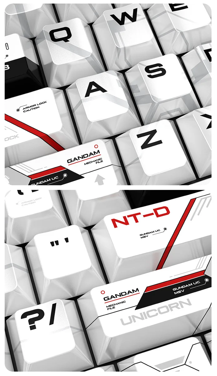 Close-up views of the shimmering pearlescent unicorn PBT keycaps set, revealing their iridescent fantasy colors, mystical unicorn design, and premium design.