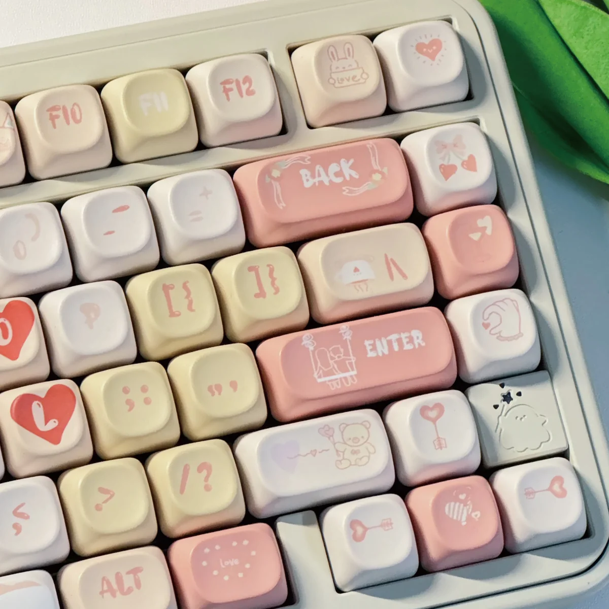 Vibrant PBT dye-sub Love Diary Valentine keycaps set, red and white with playful hearts and love motifs, shown from various angles for romantic flair.