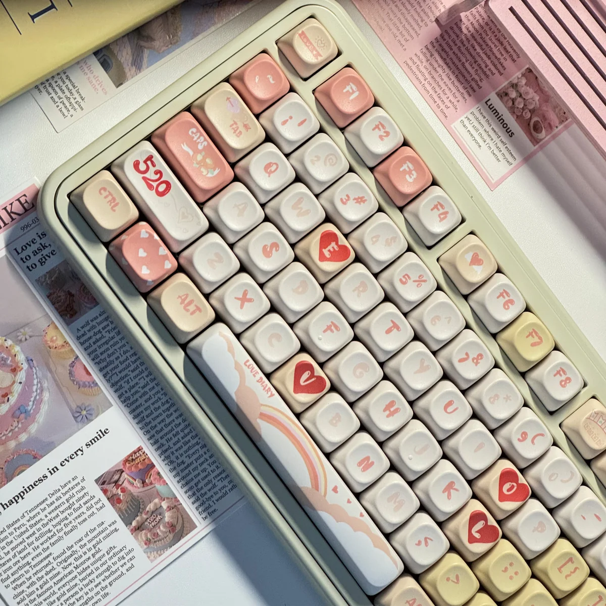 Vibrant red and white PBT dye-sub Valentine keycaps set display playful hearts and sweet love motifs, perfect for romantic keyboard expression.