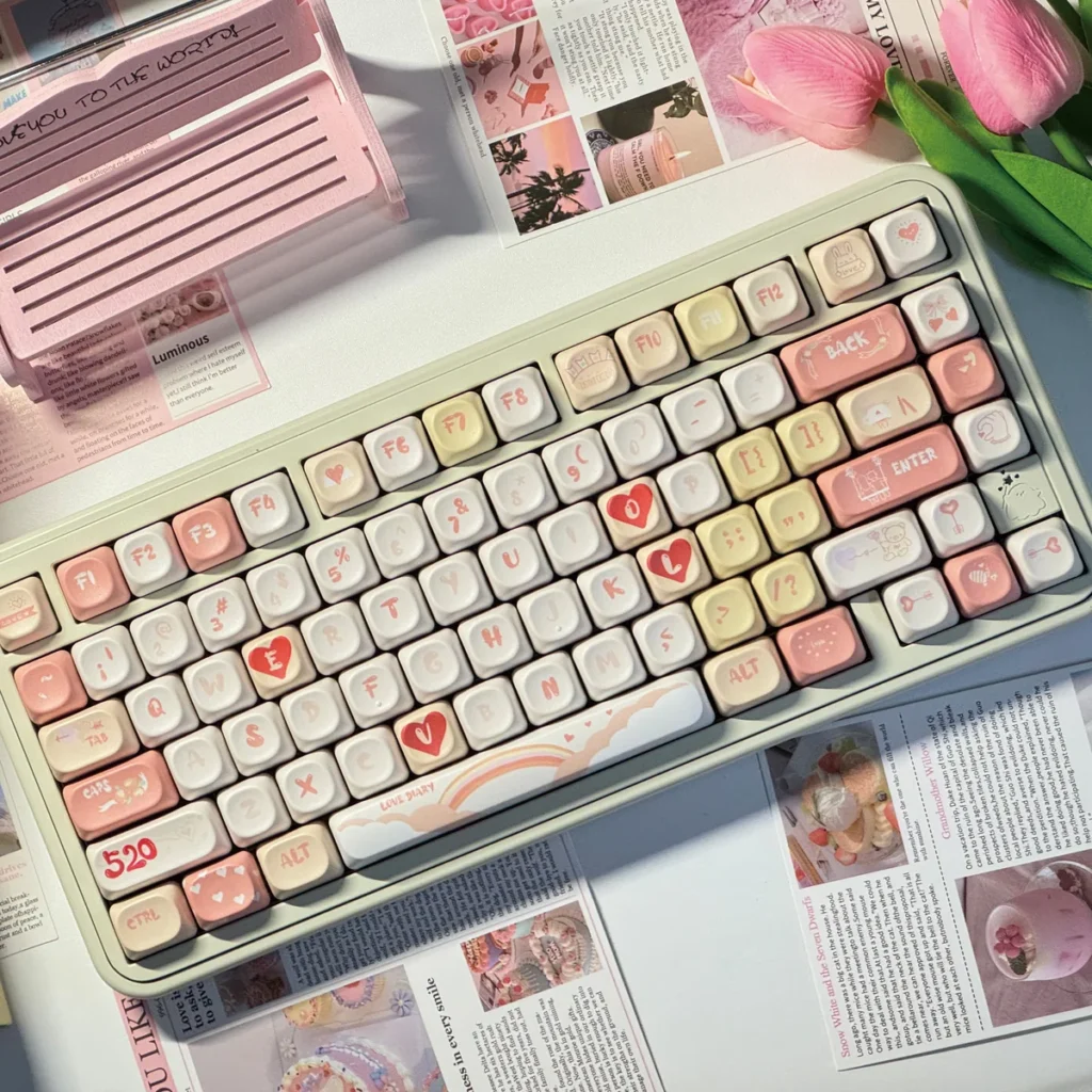 Vibrant red and white PBT dye-sublimated Valentine keycaps set showcasing playful hearts and sweet love motifs for romantic keyboard expression.