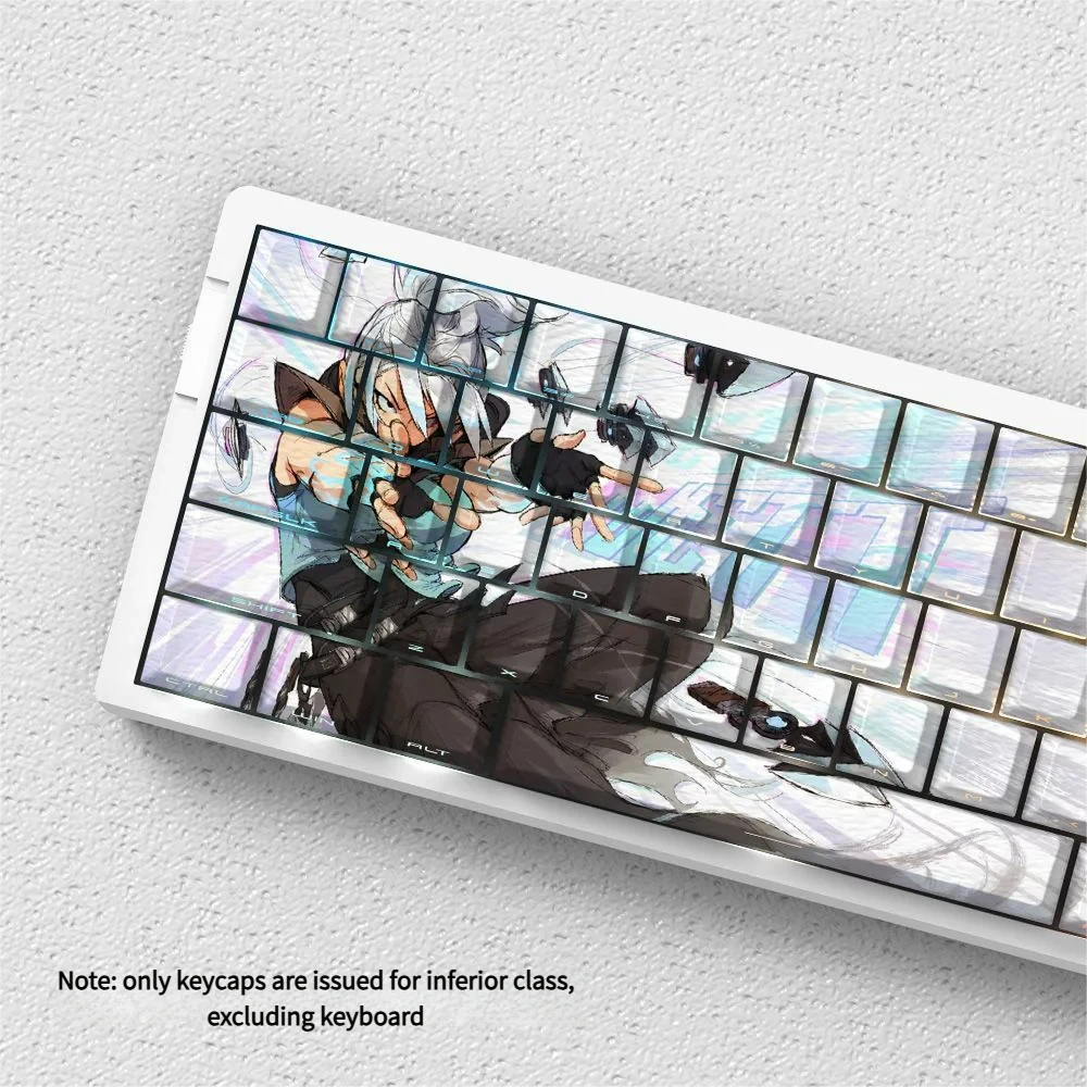 Gallery of Valorant Jett side-lit PBT keycaps set, showcasing their sleek, minimalist design and vibrant legends from multiple angles, emphasizing premium design.