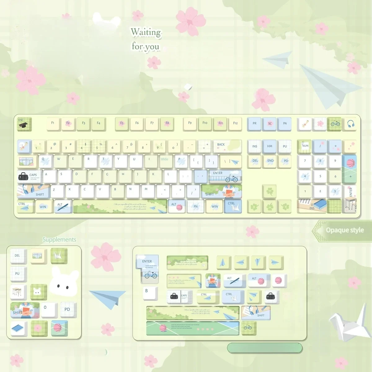 Multiple views of the whimsical Waiting For You Series Keycap Set, showcasing soft colors and playful school-life illustrations from various angles.