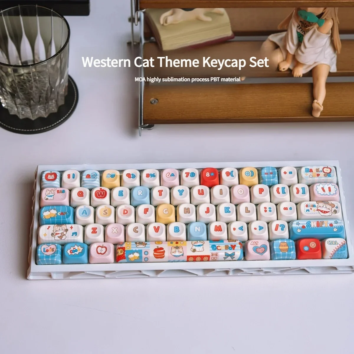 Western Cat Keycaps MOA PBT Adventure Set. Playful cats in cowboy hats on rustic desert with unique Western theme, durable PBT, MOA profile.