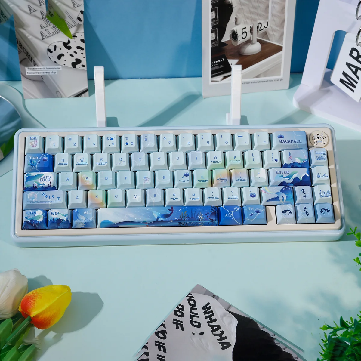 Whale Starlit Keycap Set, detailed views of the stunning deep ocean blue and starlit whale cosmic art design.