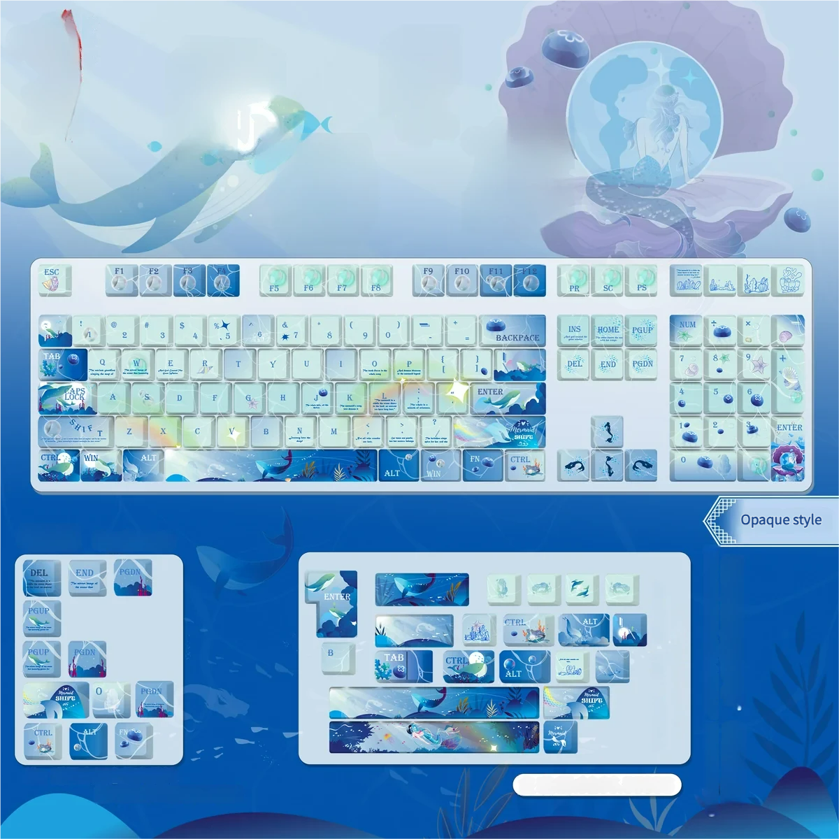 Opaque, Whale Starlit Keycap Set in deep ocean blue, featuring stunning starlit cosmic art for an ethereal, dreamlike ocean theme.