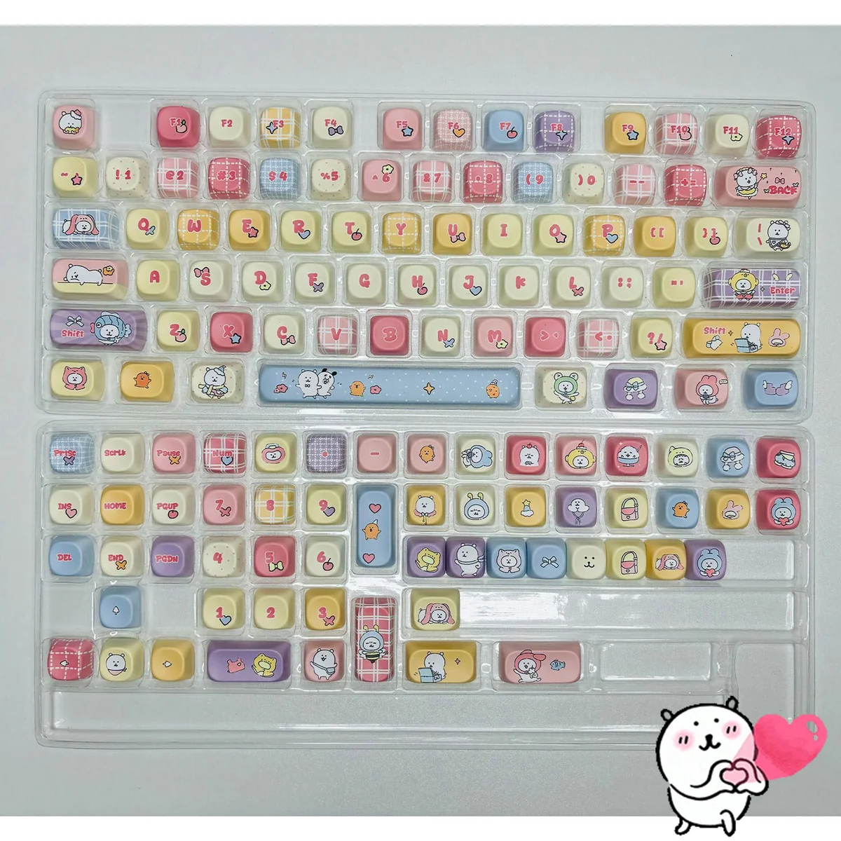 Gallery view of the whimsical Joke Bear PBT dye-sub MOA keycap set, featuring charming character art in soft pastel palettes from multiple perspectives.