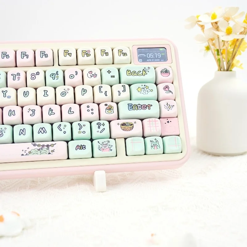 Whimsical Strawberry Pig PBT keycap set, showcasing various angles of pastel pink, green, and white dye-sub keycaps with cute pig and strawberry design.