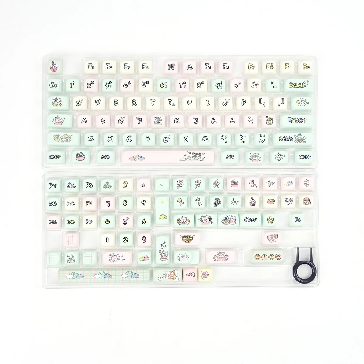 Whimsical Strawberry Pig PBT keycap set, multiple angles. Playful pastel pink pig and green strawberry dye-sub designs on white PBT keycaps.