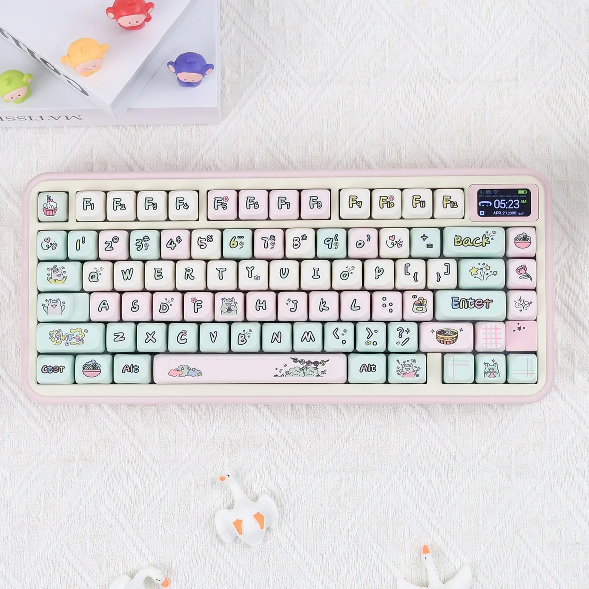Whimsical Strawberry Pig PBT keycap set, playfully presented in a pastel pink can, offering broad compatibility for various keyboard layouts.