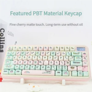 Whimsical Strawberry Pig PBT Keycap Set featuring pastel pink, green, and white dye-sub keycaps with cute pig and strawberry motifs.
