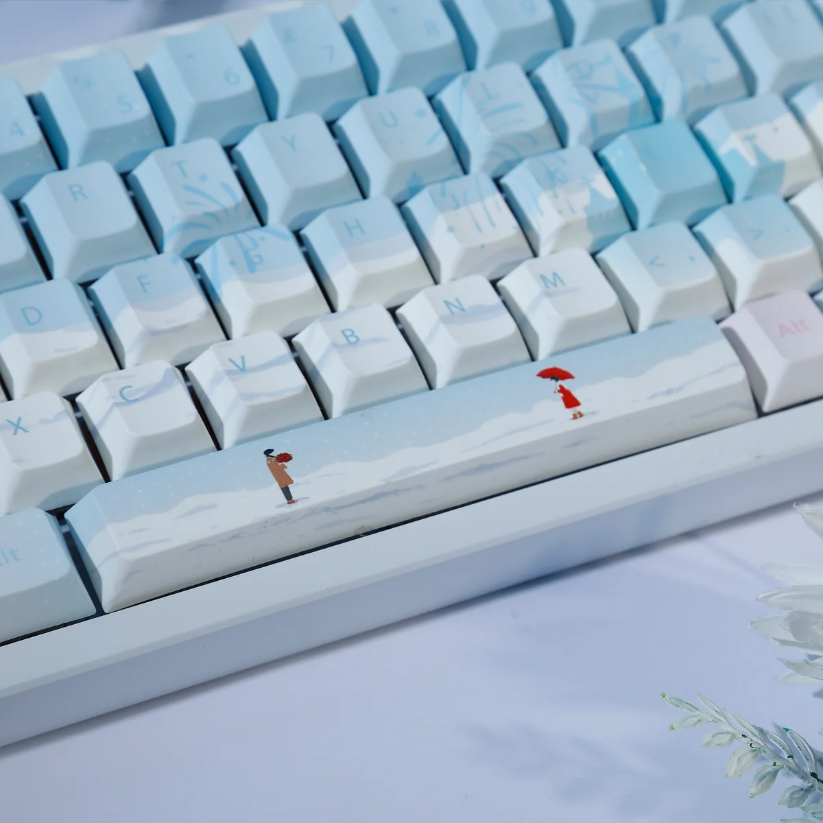 Detailed views of the Winter Romance PBT Dye-Sub Keycaps Set, featuring soft pastel blue and pink hues for a serene, artistic keyboard aesthetic.