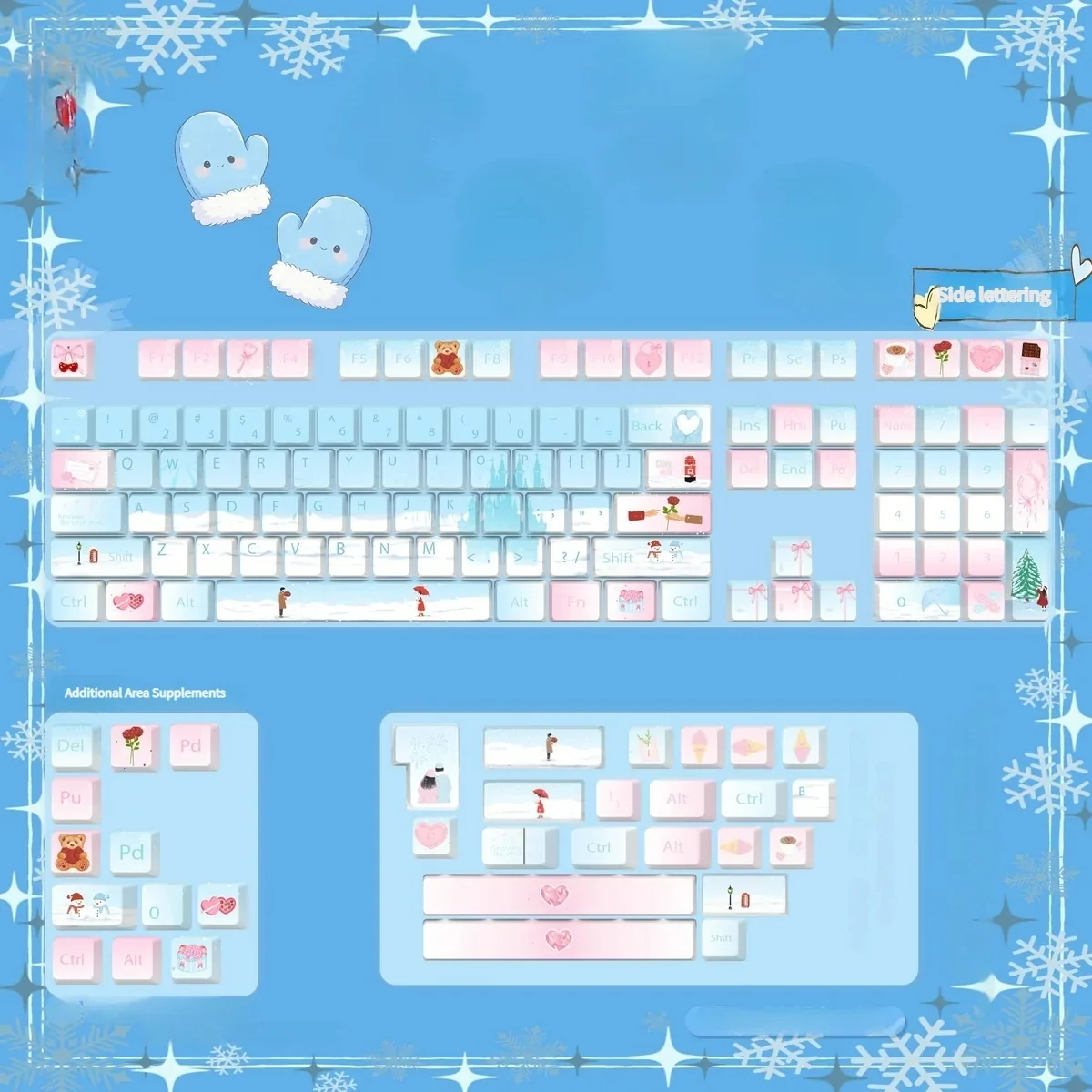 Premium Winter Romance PBT dye-sub keycaps set featuring side translucent legends in soft pastel blue and pink, ideal for a cozy, backlit setup.