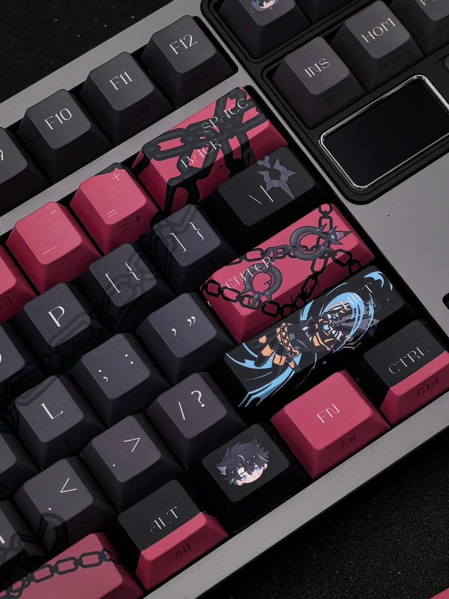 Exclusive Wriothesley 2.0 side-print keycaps set in deep blue and ice, viewed from a detailed angle highlighting the crisp, Genshin-inspired legends.
