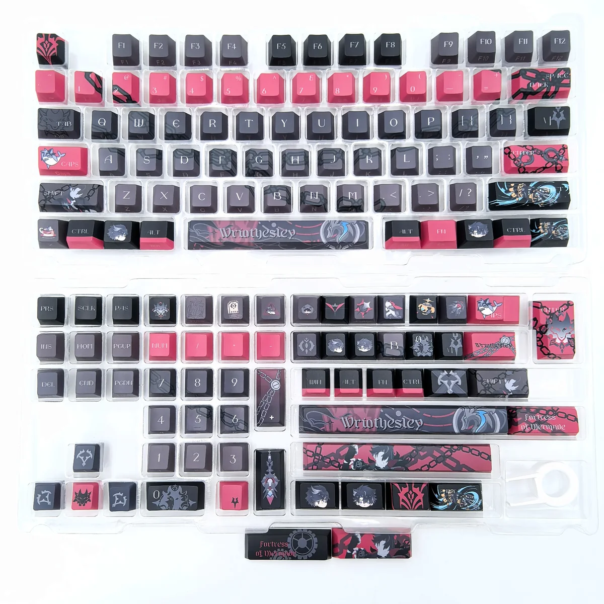 Exclusive Wriothesley 2.0 Side-Print Keycaps Set with multiple views highlighting deep blue, ice accents, and sleek side-printed legends.