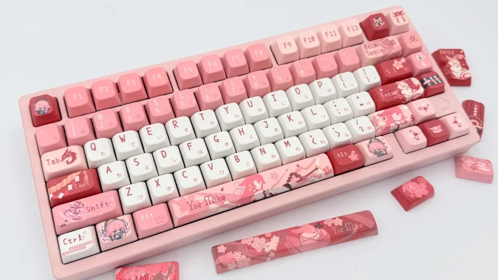 Exclusive Yae Miko Genshin Impact MDA keycaps set, elegantly designed with mystical fox motifs and artistic character colors.