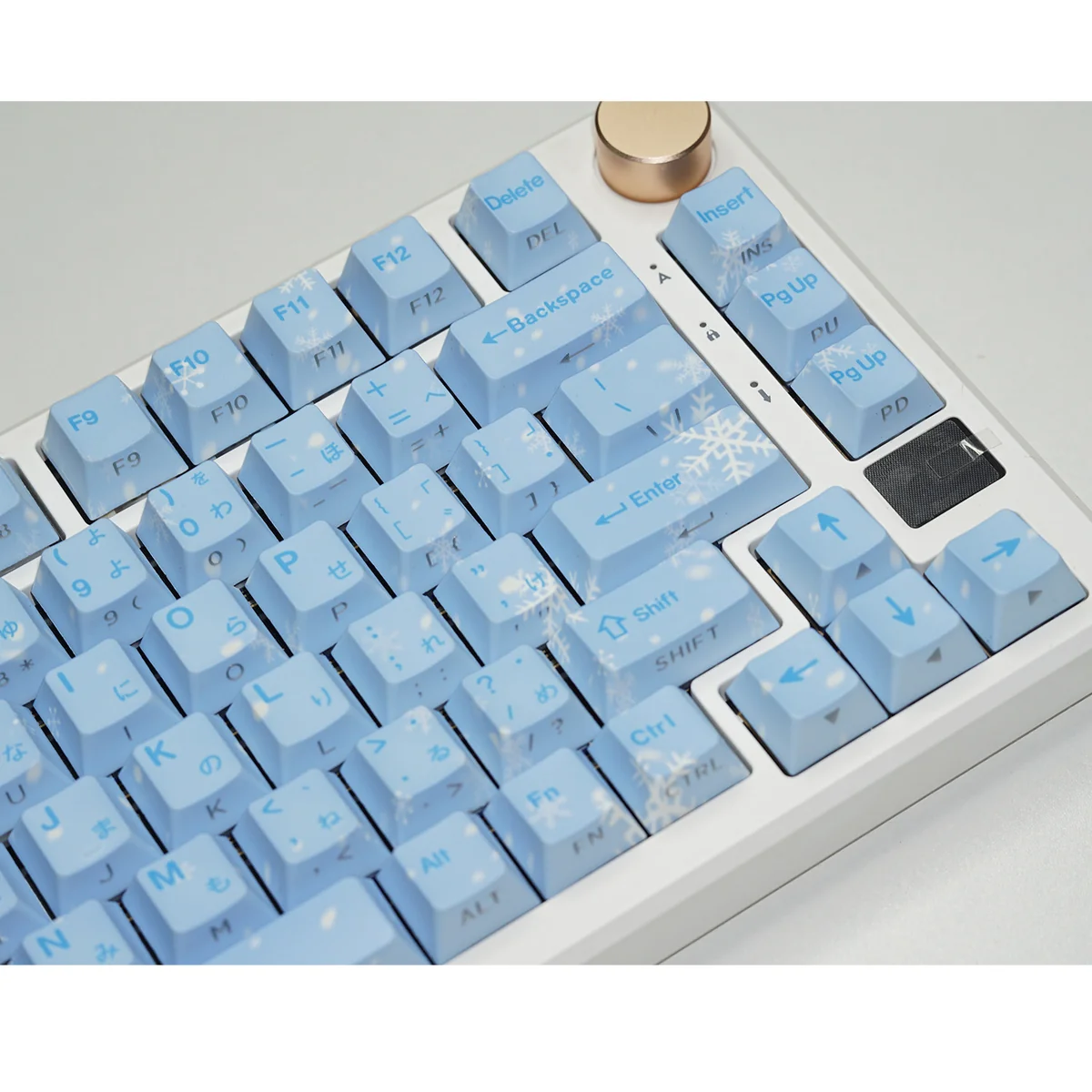 Explore various angles of these Yukino Keycaps set, featuring gradient blue PBT with sleek side-lit legends and a cool, subtle anime-inspired aesthetic.