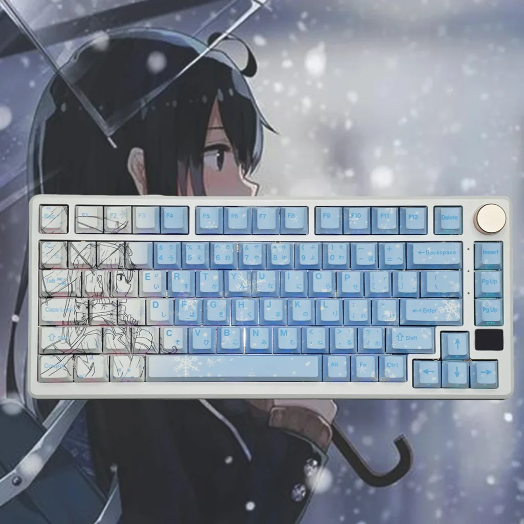 Yukino Keycaps set main image displaying the artistic gradient blue side-lit PBT design with minimalist side-engraved legends for a subtle anime aesthetic.