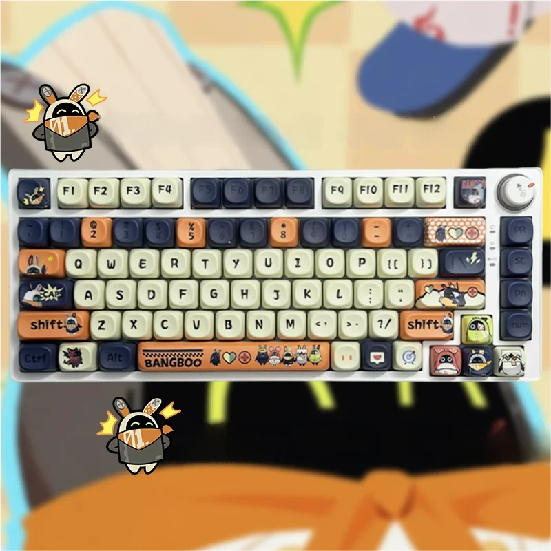 Vibrant Zenless Zone Zero Bangboo MOA dye-sub keycaps from multiple angles, showcasing the exclusive 108-key set's futuristic game aesthetics for an enthusiasts.