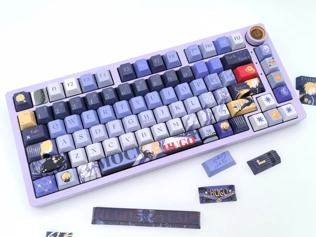 Dynamic Zenless Zone Zero Hugo keycaps set, a gaming masterpiece, displayed with futuristic sci-fi lighting, highlighting its exclusive artistic design.