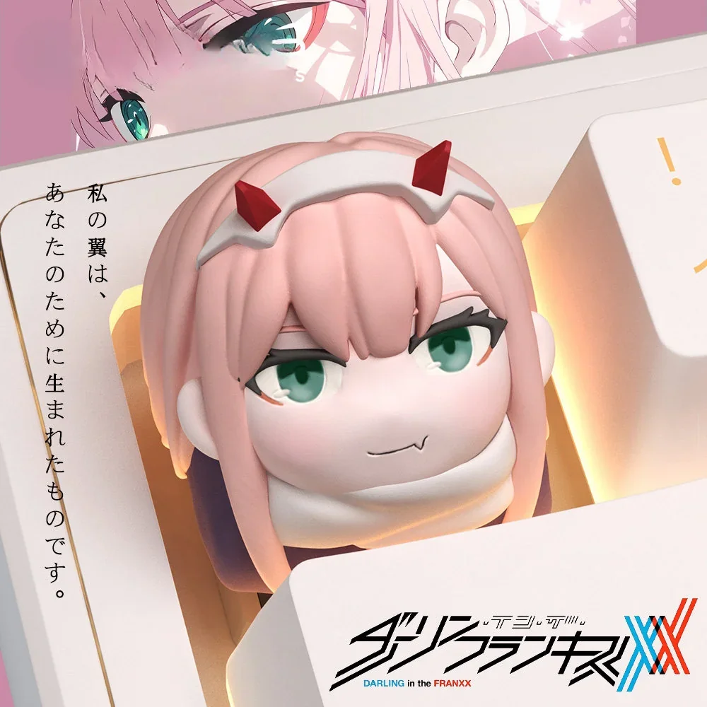 Vibrant pink Zero Two anime keycap, showcasing the iconic Darling in the Franxx character design from various playful angles.