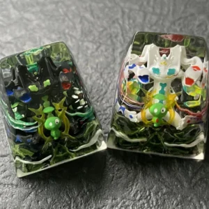 A stunning handcrafted luminous resin Zygarde 100% Shiny white Pokemon keycap, showcasing intricate detail and a dynamic pose.