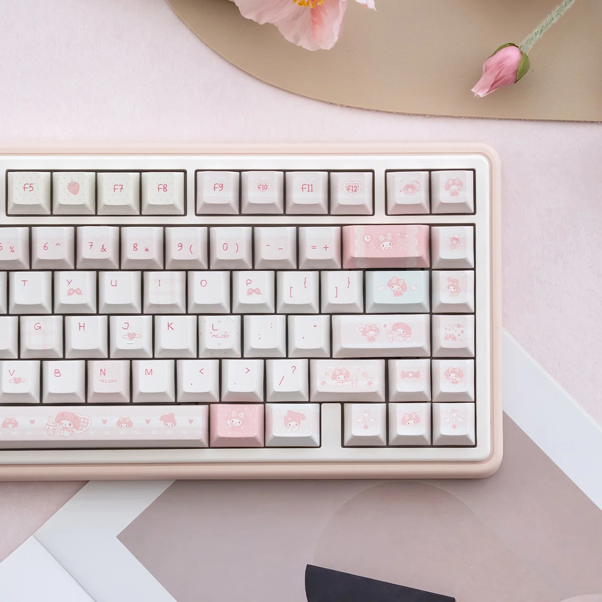 Adorable My Melody PBT dye-sub keycaps set in pastel pink, showcasing the cute Sanrio character from various angles in this charming collection.