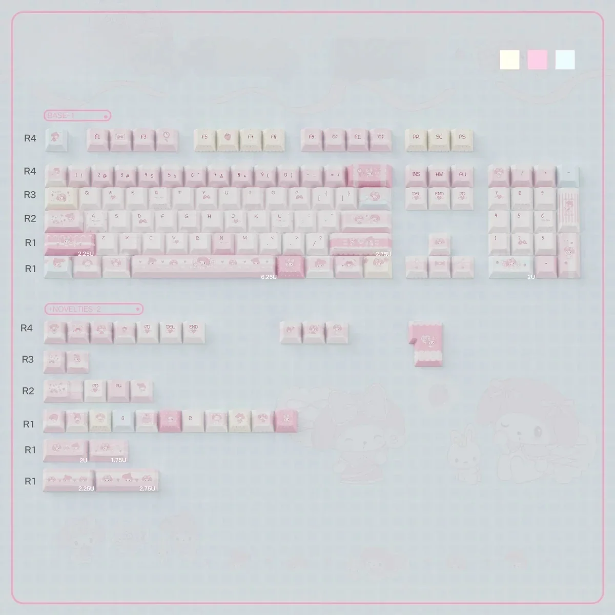 Close-up views of the adorable My Melody PBT dye-sub keycap set, showcasing their whimsical pastel pink Sanrio designs from different angles.