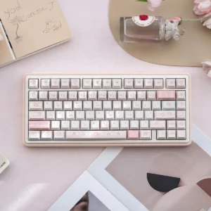 Adorable My Melody keycaps set in charming pastel pink PBT, featuring the cute Sanrio character for a whimsical and delightful keyboard aesthetic.