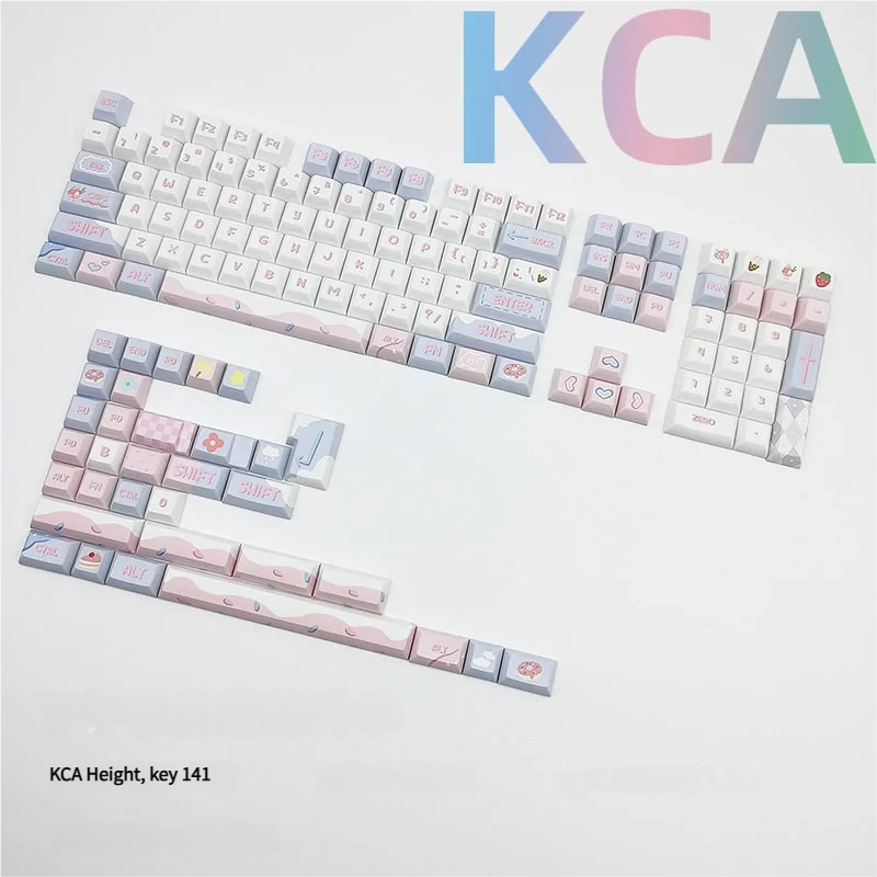Cozy Afternoon Tea PBT side-printed luminous keycaps set, viewed from various angles, highlighting soft pastel colors, warm hues, and subtle tea motifs.