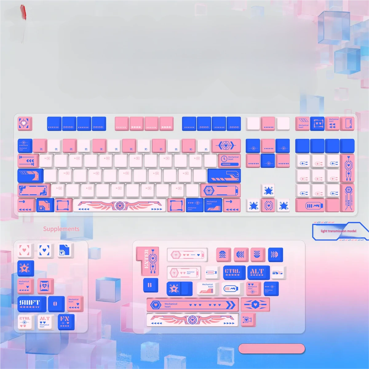Close-up of a dreamy Mechanical Angel Keycap Set, featuring a premium dye-sub PBT front-facing translucent square design in ethereal blue and pink.
