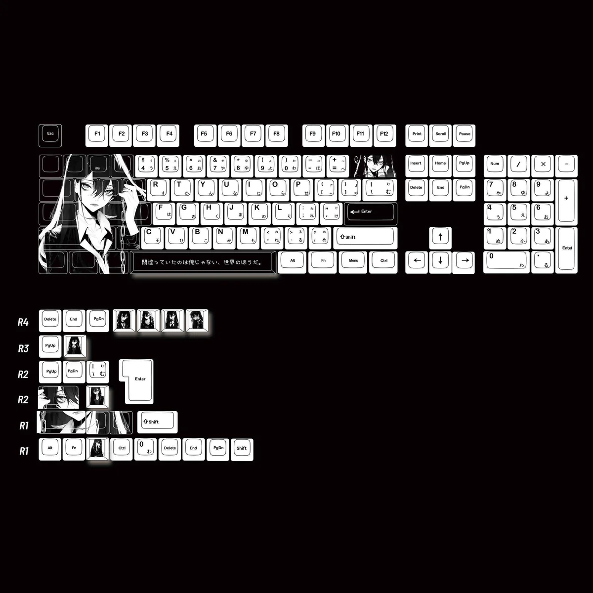 A delightful angled view of the original anime PBT dye-sub keycap set, highlighting vibrant characters and crisp details for your keyboard.