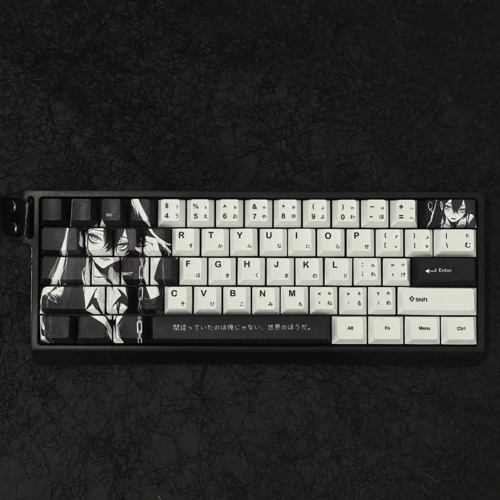 Vibrant anime PBT dye-sub keycap set showcasing original, playful characters in dynamic poses, perfect for enthusiasts.