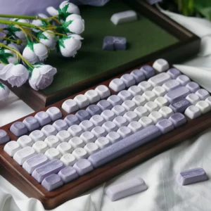 Durable purple custom keycaps with ancient Chinese art, PBT dye-sublimation ensuring lasting legends, presented from diverse perspectives.
