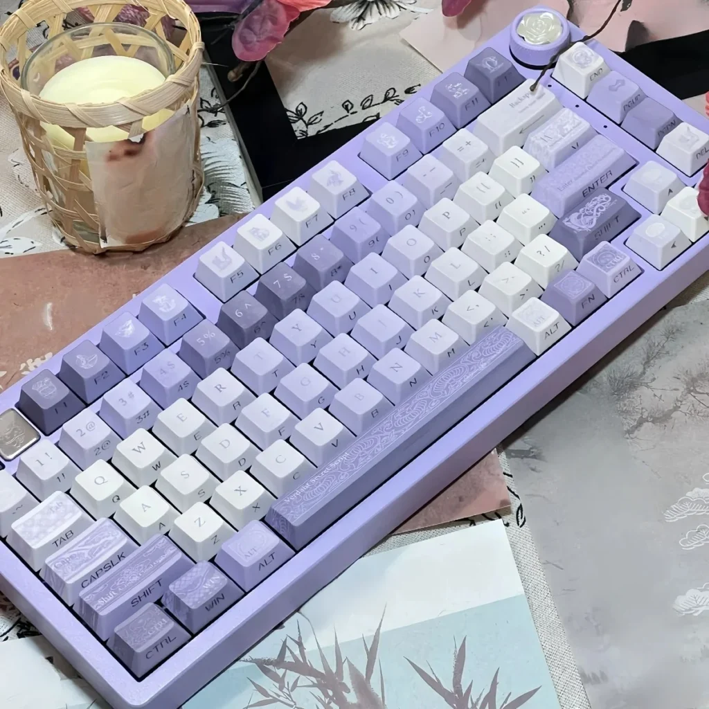 Antiquity PBT custom keyboard caps, showcasing intricate ancient Chinese designs in a rich purple hue, highlighting dye-sub durability.