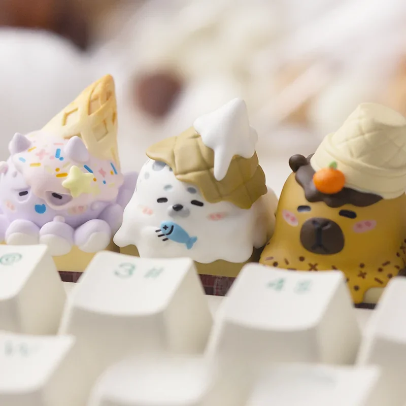 Exquisite whimsical Animal ice cream cone resin ESC artisan keycap, handcrafted with vibrant layers and playful details, shown from various angles in the product.