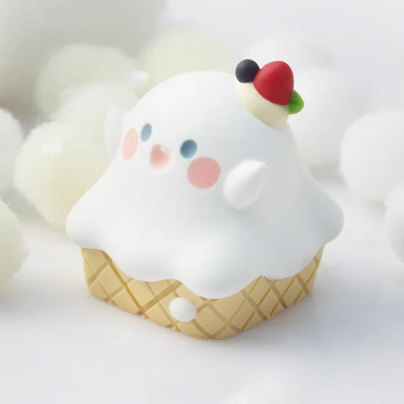 A gallery of the Whimsical Ghost Ice Cream Cone artisan keycap, revealing its intricate spooky-cute resin craftsmanship from various perspectives.