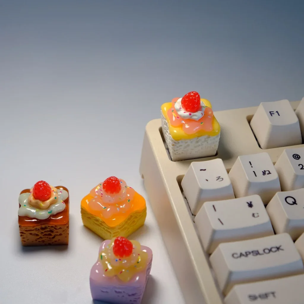 Handcrafted delectable strawberry cream artisan keycap, a whimsical dessert fantasy with vibrant, layered ice cream cake aesthetics.