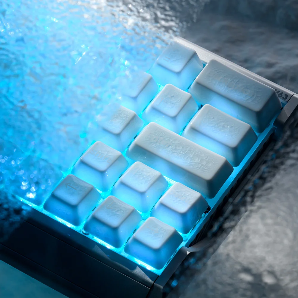 Artisan ceramic keyboard caps with translucent white ice crack effect, perfect for backlit mechanical keyboards.