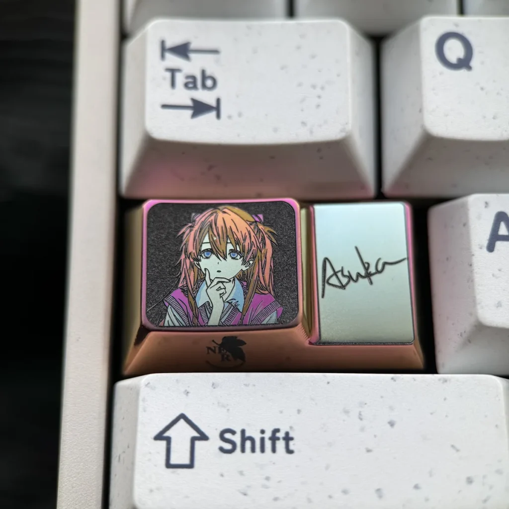 Asuka Evangelion custom keyboard cap, 1.75U Caps Lock key, showcasing anime art on polished titanium.