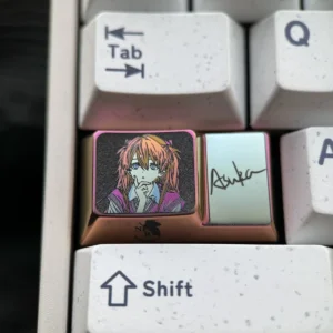 Asuka Evangelion custom keyboard cap, 1.75U Caps Lock key, showcasing anime art on polished titanium.