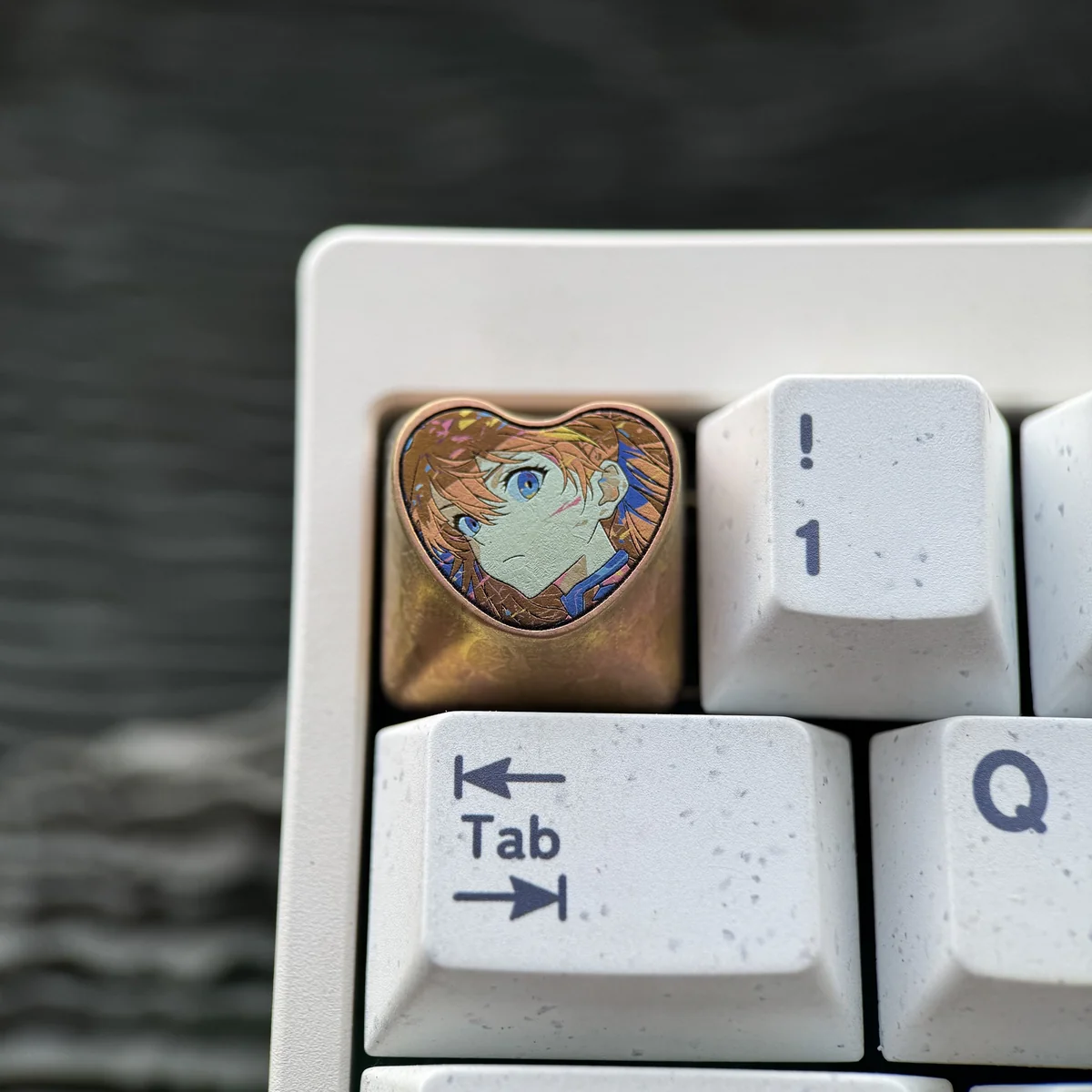 Multi-angle perspective of the Neon Genesis Evangelion custom keyboard cap for enthusiasts.