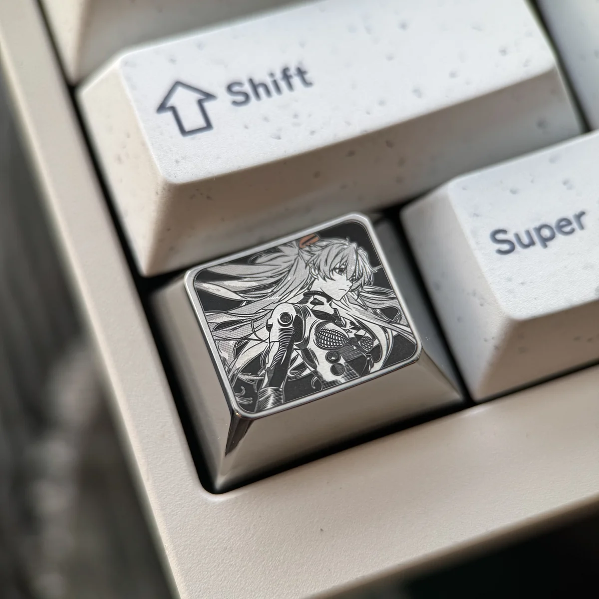 Premium Asuka Titanium Keycap, EVA-02 Ctrl/Win 1.25U. Gallery view showcasing vibrant design, precision metallic details from multiple angles.