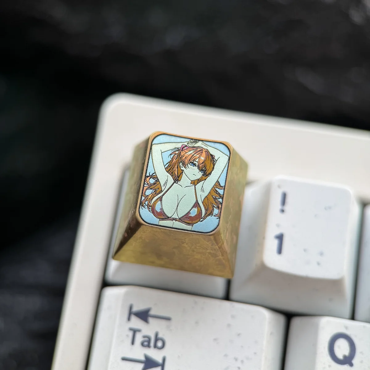 Premium titanium Asuka Langley Soryu artisan keycap, showcasing vibrant details of her iconic Evangelion pilot suit from a dynamic close-up perspective view.