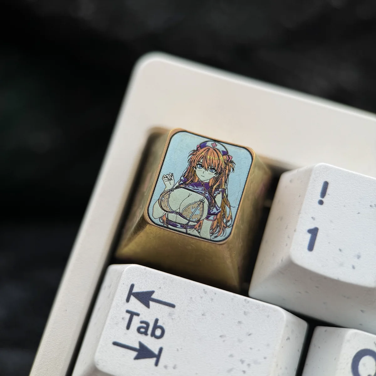 Premium titanium Asuka Langley Soryu artisan keycap, vibrantly depicting her iconic Evangelion suit in detail. A high-quality, artistic Asuka keycap.