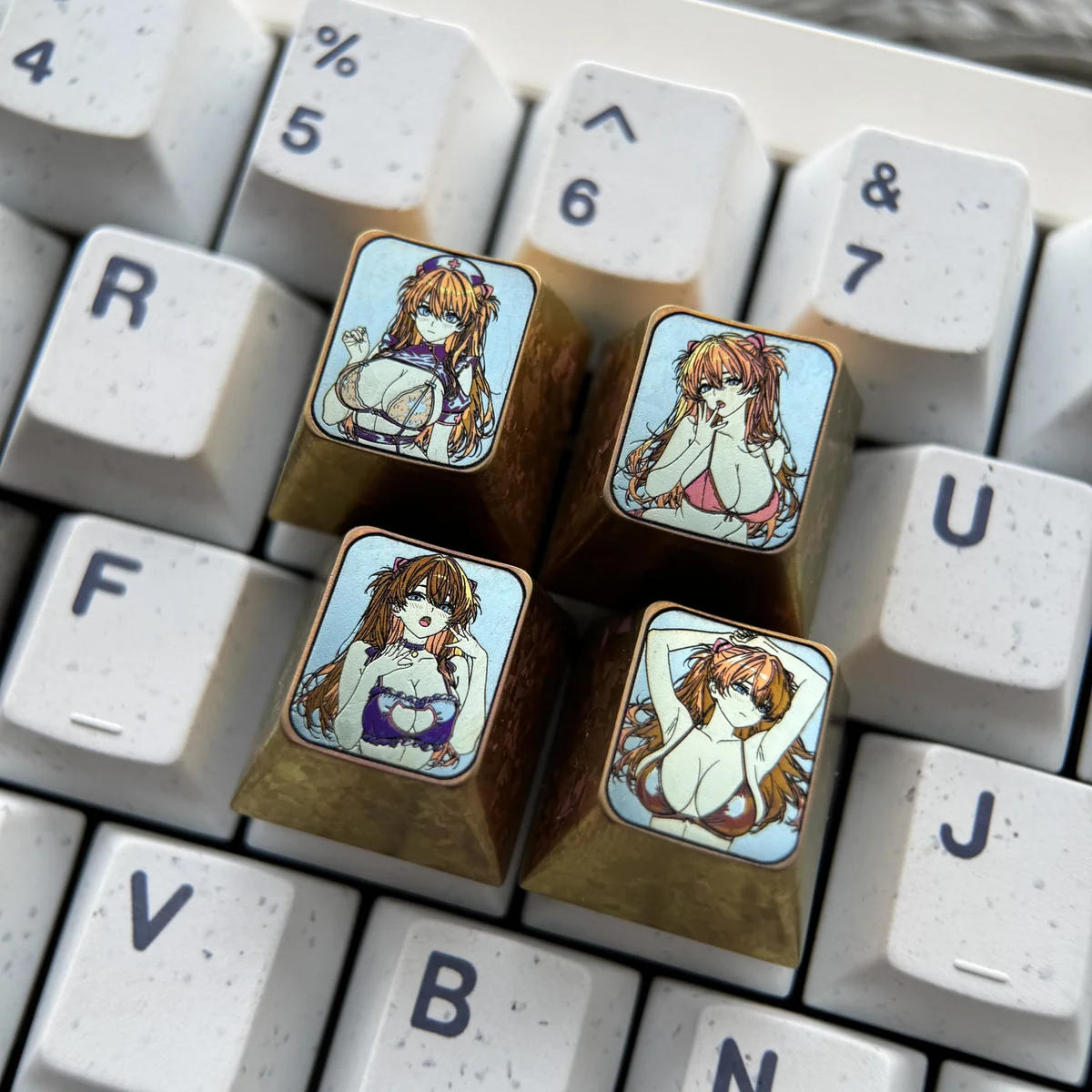 Premium titanium artisan keycap set featuring vibrant, detailed Asuka Langley Soryu on a combination of four arrow keys, perfect for Evangelion fans.