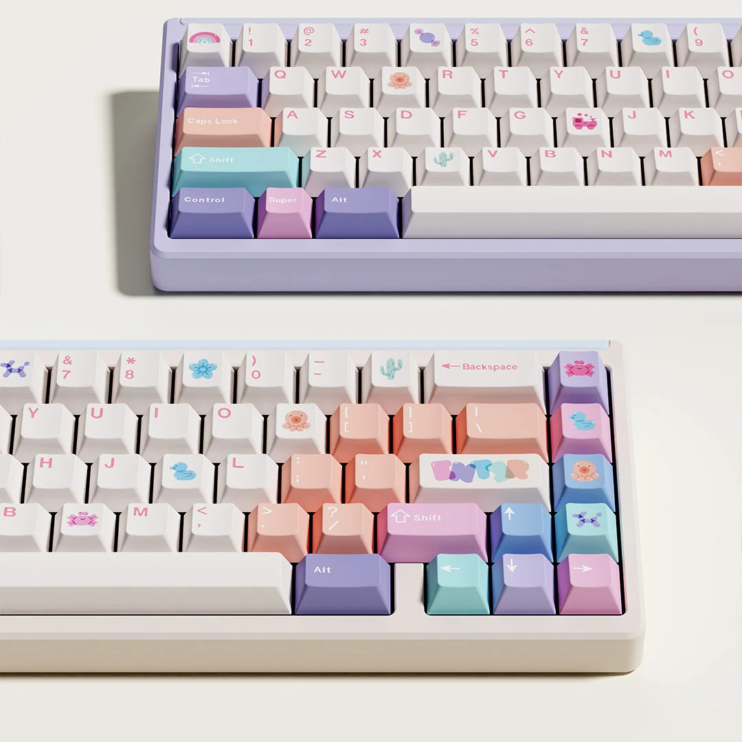 Full view of Balloon Party PBT keycap set, showcasing playful pink aesthetic and magnetic switch compatibility for mechanical keyboards.